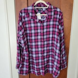 Pink & Purple Plaid Lands' End Flannel Button Down Shirt Sz24W NWT